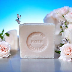 Mini Marseille soap with rose scent, crafted in France using natural olive oil and traditional craftsmanship, 3.5 oz biodegradable and hypoallergenic soap bar for sensitive skin