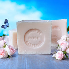 Mini Marseille soap with rose scent, crafted in France using natural olive oil and traditional craftsmanship, 3.5 oz biodegradable and hypoallergenic soap bar for sensitive skin