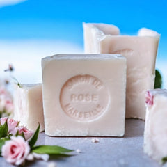 Mini Marseille soap with rose scent, crafted in France using natural olive oil and traditional craftsmanship, 3.5 oz biodegradable and hypoallergenic soap bar for sensitive skin