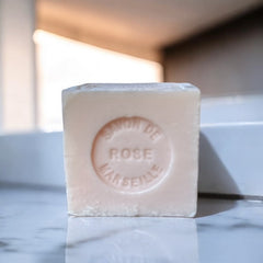 Mini Marseille soap with rose scent, crafted in France using natural olive oil and traditional craftsmanship, 3.5 oz biodegradable and hypoallergenic soap bar for sensitive skin