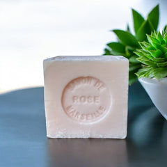 Mini Marseille soap with rose scent, crafted in France using natural olive oil and traditional craftsmanship, 3.5 oz biodegradable and hypoallergenic soap bar for sensitive skin