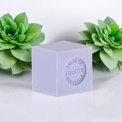 Mini Marseille soap with violet scent, crafted in France using traditional craftsmanship, 3.5 oz natural and biodegradable soap bar for sensitive skin.