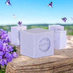 Mini Marseille soap with violet scent, crafted in France using traditional craftsmanship, 3.5 oz natural and biodegradable soap bar for sensitive skin.