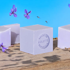 Mini Marseille soap with violet scent, crafted in France using traditional craftsmanship, 3.5 oz natural and biodegradable soap bar for sensitive skin.