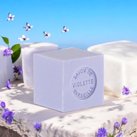 Mini Marseille soap with violet scent, crafted in France using traditional craftsmanship, 3.5 oz natural and biodegradable soap bar for sensitive skin.