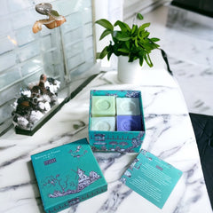 Green Toile de Jouy gift box featuring intricate patterns, containing four artisanal Marseille cube soaps in Lily of the Valley, Lavender, Verbena, and Jasmine fragrances.