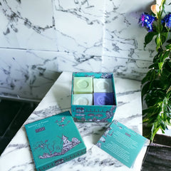 Green Toile de Jouy gift box featuring intricate patterns, containing four artisanal Marseille cube soaps in Lily of the Valley, Lavender, Verbena, and Jasmine fragrances.