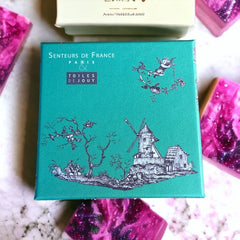 Green Toile de Jouy gift box featuring intricate patterns, containing four artisanal Marseille cube soaps in Lily of the Valley, Lavender, Verbena, and Jasmine fragrances.
