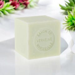 Mini Marseille soap with verbena scent, crafted in France using traditional craftsmanship, 3.5 oz natural and biodegradable soap bar for sensitive skin.