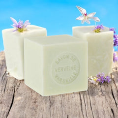 Mini Marseille soap with verbena scent, crafted in France using traditional craftsmanship, 3.5 oz natural and biodegradable soap bar for sensitive skin.