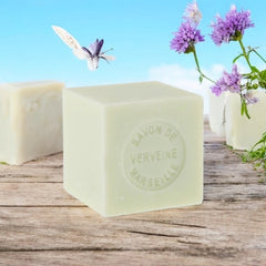 Mini Marseille soap with verbena scent, crafted in France using traditional craftsmanship, 3.5 oz natural and biodegradable soap bar for sensitive skin.