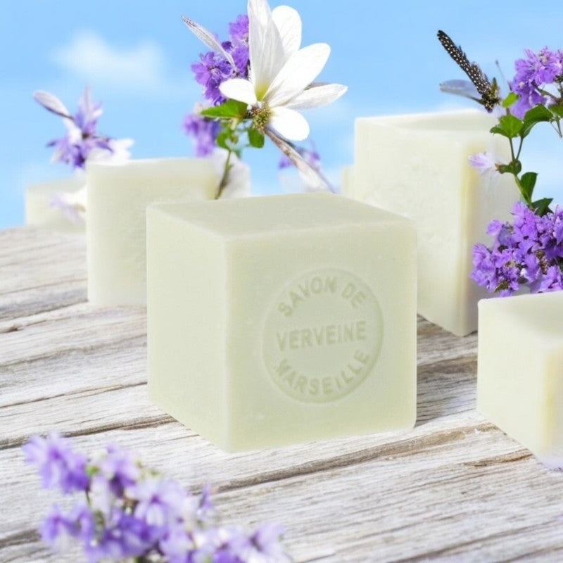 Mini Marseille soap with verbena scent, crafted in France using traditional craftsmanship, 3.5 oz natural and biodegradable soap bar for sensitive skin.