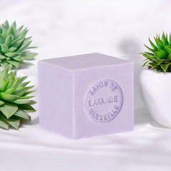 Mini Marseille soap with lavender scent, crafted in France using traditional craftsmanship, 3.5 oz natural and biodegradable soap bar for sensitive skin.