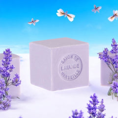 Mini Marseille soap with lavender scent, crafted in France using traditional craftsmanship, 3.5 oz natural and biodegradable soap bar for sensitive skin.