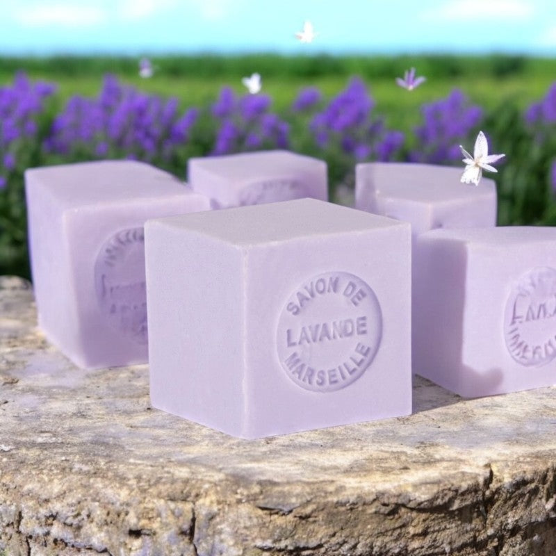 Mini Marseille soap with lavender scent, crafted in France using traditional craftsmanship, 3.5 oz natural and biodegradable soap bar for sensitive skin.