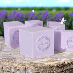 Mini Marseille soap with lavender scent, crafted in France using traditional craftsmanship, 3.5 oz natural and biodegradable soap bar for sensitive skin.