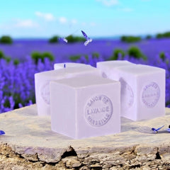 Mini Marseille soap with lavender scent, crafted in France using traditional craftsmanship, 3.5 oz natural and biodegradable soap bar for sensitive skin.
