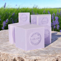 Mini Marseille soap with lavender scent, crafted in France using traditional craftsmanship, 3.5 oz natural and biodegradable soap bar for sensitive skin.