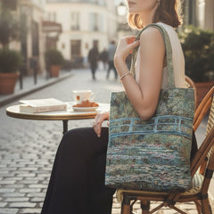 Tapestry tote bag featuring Monet’s Japanese Bridge and Water Lilies, woven in France with soft green, blue, and pink tones; double-sided print with long handles, inspired by Impressionist art.