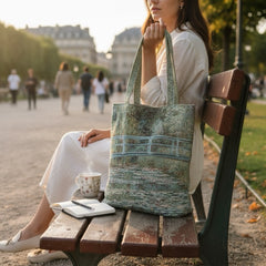 Tapestry tote bag featuring Monet’s Japanese Bridge and Water Lilies, woven in France with soft green, blue, and pink tones; double-sided print with long handles, inspired by Impressionist art.