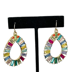 Christian Siriano New York teardrop dangle earrings with multicolor baguette-cut cubic zirconia stones in a vibrant, symmetrical design.