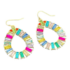Christian Siriano New York teardrop dangle earrings with multicolor baguette-cut cubic zirconia stones in a vibrant, symmetrical design.