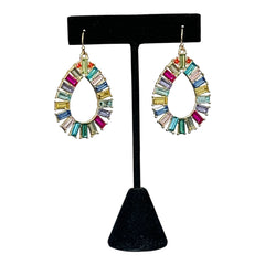 Christian Siriano New York teardrop dangle earrings with multicolor baguette-cut cubic zirconia stones in a vibrant, symmetrical design.