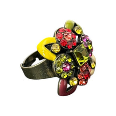 Adjustable brass ring with multicolor enamel leaves and rhinestone floral motifs, featuring vibrant hues of red, pink, green, purple, moss green, cream, and yellow, in very good second-hand condition.