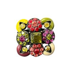 Adjustable brass ring with multicolor enamel leaves and rhinestone floral motifs, featuring vibrant hues of red, pink, green, purple, moss green, cream, and yellow, in very good second-hand condition.