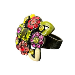 Adjustable brass ring with multicolor enamel leaves and rhinestone floral motifs, featuring vibrant hues of red, pink, green, purple, moss green, cream, and yellow, in very good second-hand condition.