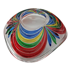A small, triangular vintage Murano glass trinket dish from the 1990s, featuring vibrant red, green, blue, and yellow colors. The multicolored Venetian glass dish has a tiny chip on the rim but remains a striking and functional decorative piece.