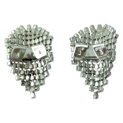 Pair of vintage 1950s Musi clear rhinestone chain shoe clips with an elongated shape, featuring triangular details at the top and bottom. The top rhinestone chains are soldered, while the bottom section moves for added sparkle. Signed 'Musi' on the back, in very good vintage condition with one slightly darkened rhinestone.
