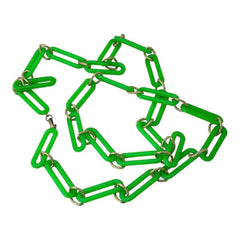 Vintage 1980s Neon Green & Textured Gold Tone Links Extra Long Necklace – Bold & Modern Fun