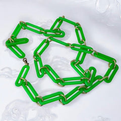 Vintage 1980s Neon Green & Textured Gold Tone Links Extra Long Necklace – Bold & Modern Fun