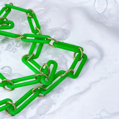 Vintage 1980s Neon Green & Textured Gold Tone Links Extra Long Necklace – Bold & Modern Fun