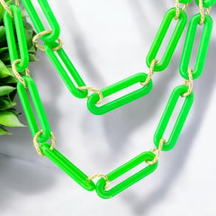 Vintage 1980s Neon Green & Textured Gold Tone Links Extra Long Necklace – Bold & Modern Fun