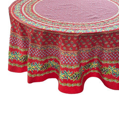 Round Provence-style cotton tablecloth by Le Cluny, featuring a vibrant red background with yellow mimosa and black olive detailing. Measures 70 inches in diameter, made in France, suitable for indoor and outdoor use, and machine washable for easy care.
