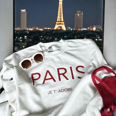 Cozy and Stylish "Paris Je T'Adore" French-Themed White Sweatshirt