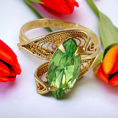 Vintage 14K Gold Overlay Peridot Navette Cannetille Ring