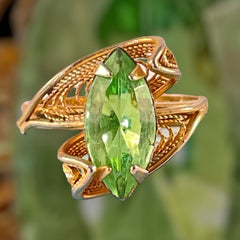 Vintage 14K Gold Overlay Peridot Navette Cannetille Ring