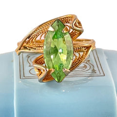 Vintage 14K Gold Overlay Peridot Navette Cannetille Ring