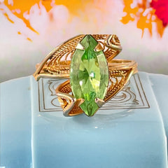 Vintage 14K Gold Overlay Peridot Navette Cannetille Ring