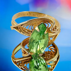 Vintage 14K Gold Overlay Peridot Navette Cannetille Ring
