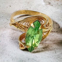 Vintage 14K Gold Overlay Peridot Navette Cannetille Ring