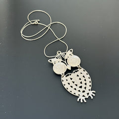 Vintage Pink & White Enamel Silver Tone Articulated Owl Pendant Chain Necklace | Animal Jewelry | Owl Collector Gift Idea 