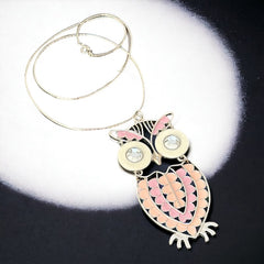 Vintage Pink & White Enamel Silver Tone Articulated Owl Pendant Chain Necklace | Animal Jewelry | Owl Collector Gift Idea 