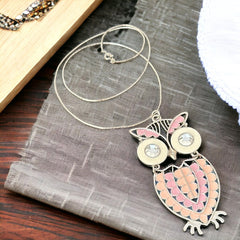 Vintage Pink & White Enamel Silver Tone Articulated Owl Pendant Chain Necklace | Animal Jewelry | Owl Collector Gift Idea 