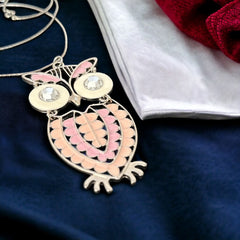 Vintage Pink & White Enamel Silver Tone Articulated Owl Pendant Chain Necklace | Animal Jewelry | Owl Collector Gift Idea 