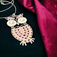 Vintage Pink & White Enamel Silver Tone Articulated Owl Pendant Chain Necklace | Animal Jewelry | Owl Collector Gift Idea 