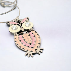 Vintage Pink & White Enamel Silver Tone Articulated Owl Pendant Chain Necklace | Animal Jewelry | Owl Collector Gift Idea 
